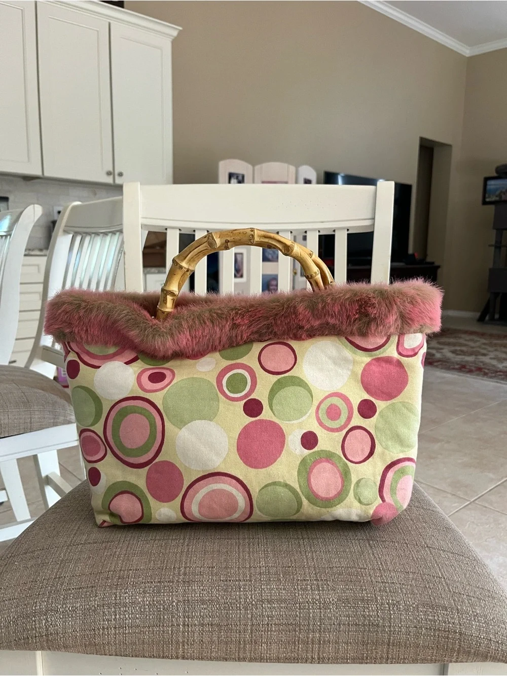 Pink & Green Circle Print Bamboo-Handle Purse with Faux Fur Trim